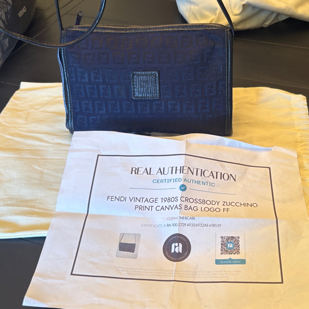 Fendi Navy Zucchino Canvas Crossbody with Tonal FF